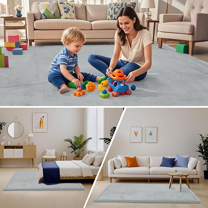 ACOMOPACK Baby Play Mat for Floor,1.3" Thick Memory Foam Area Rug for Living Room,Soft Velvet Crawling with Non-Slip Bottom for Kid,Toddler,39"×59" Tummy Time Nursery Rugs,Yoga（Light Grey）