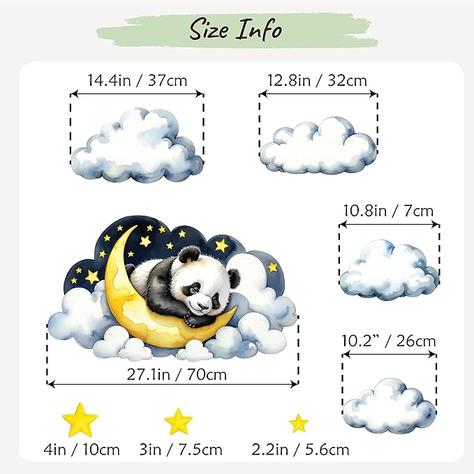 Boho Nursery Wall Decals - Dreamy Watercolor Panda Sleeping on Cloud | Multi-Piece Set with Clouds, Moon & Stars | Removable Fabric Wall Art for Kids Room