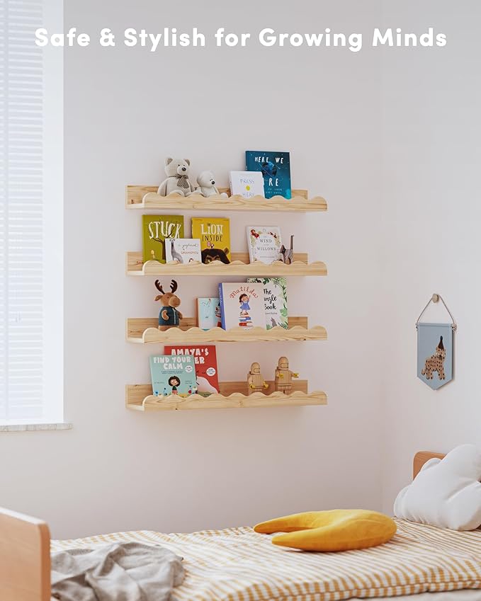 Kids' Bookshelf Set of 4 - Wood Floating Nursery Book Shelves, Picture Ledge Shelf for Wall Decor and Storage - Perfect for Books, Toys, Photo Frames, and Nursery Décor