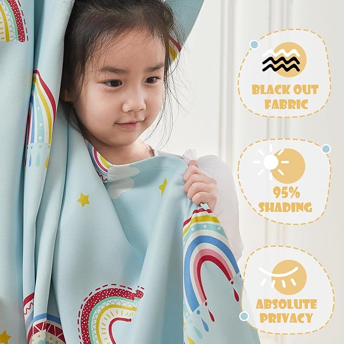 Vangao Boho Girls Blackout Curtains Pastel Blue for Kids Room 63 Inch Length, Rainbow Window Drapes for Living Room Nursery Thermal Grommet Insulated Room Darkening Curtains Bedroom, 2 Panels