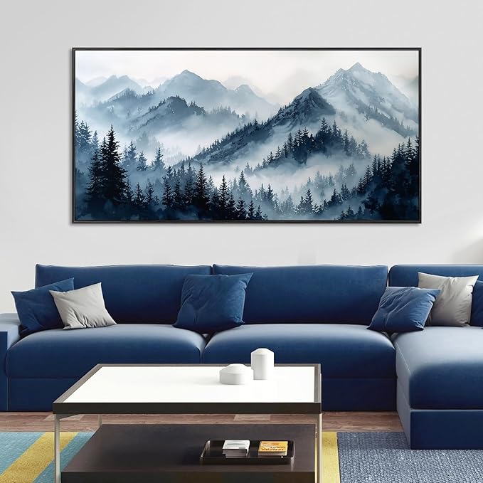 Large Framed Blue Gray Misty Forest Wall Art for Living Room, Watercolor Landscape Nature Canvas Print Paintings Artwork for Walls, Modern Foggy Mountains & Pine Forest Pictures for Home Decor 16"x30"
