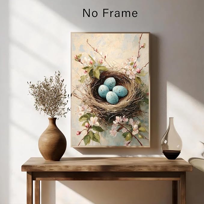 Vintage Bird's Nest Wall Art Pink Flower Painting Spring Bird Prints Watercolor Wildflower Prints Watercolor Botanical Poster Abstract Animal Picture Abstract Bird Egg Poster 16x24inch Frameless