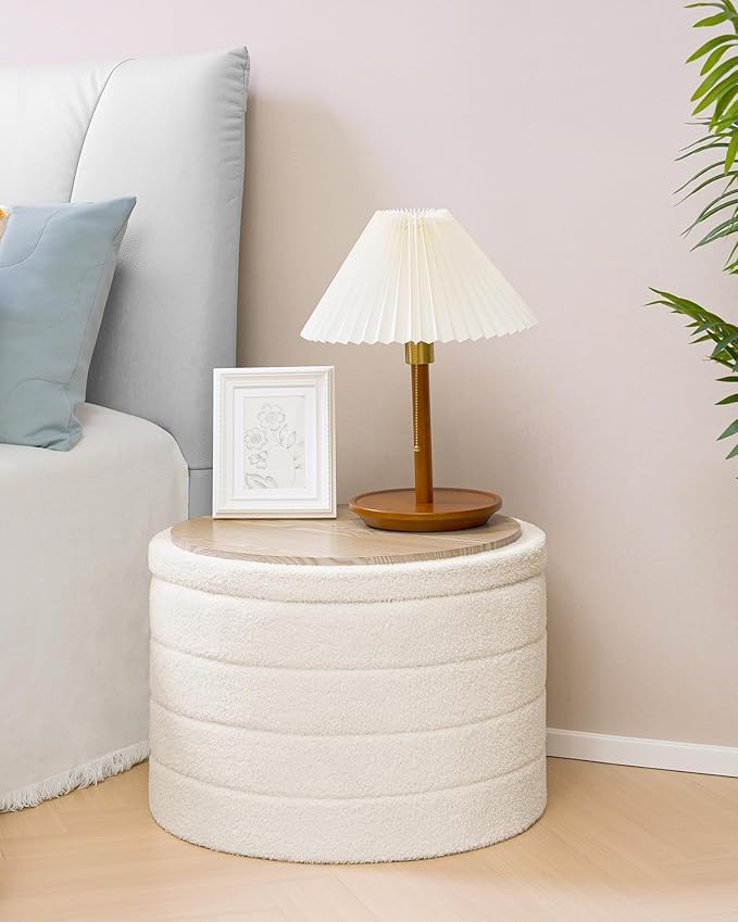 B FSOBEIIALEO Ottoman with Stroage, Round Sherpa Storage Ottoman Stool, Boucle Foot Rest22 x 22"x15.75" (White)