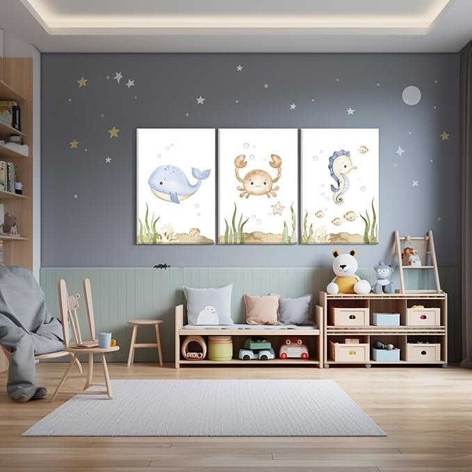 Wodkwq Ocean Nursery Decor, Set of 3, 12x16 Inch Framed Canvas Prints, Under The Sea, Boys Room, Kids Bathroom, Bedroom Wall Art