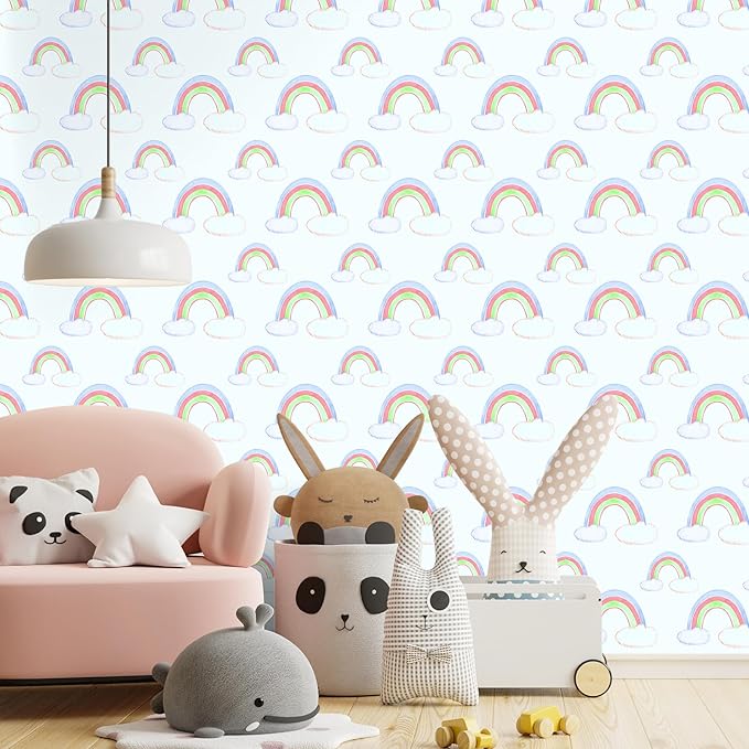 CHIHUT Boho Peel and Stick Wallpaper Roll 17.7”x236” Self Adhesive Rainbow Cloud Contact Paper for Desk Drawers Watercolor Colorful Rainbow Stick on Wall Paper Mural for Girls Bedroom Kids Room