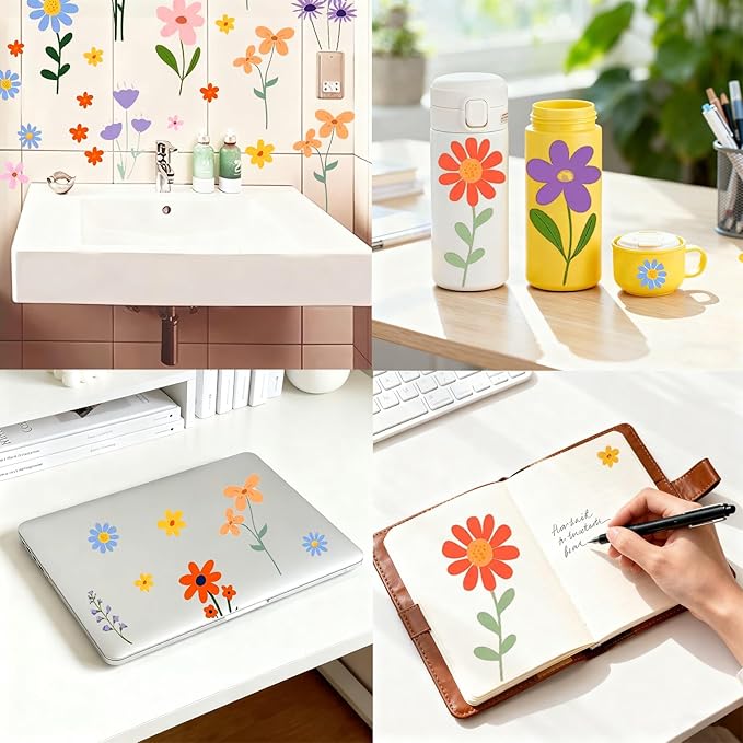 102Pcs Flower Wall Decals Peel and Stick, DIY Spring Themed Floral Wall Stickers, Removable Wildflower Spring Art for Girls Bedroom, Kids Room, Nursery, Living Room, Bathroom, Kitchen Home Wall Decor