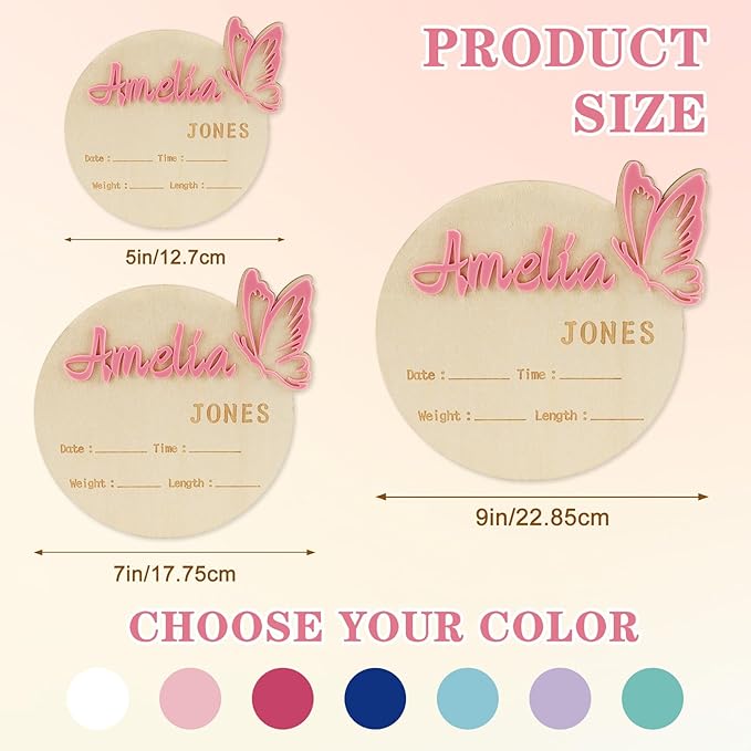 Personalized Baby Announcement Sign Custom Birth Newborn Announcement Sign for Hospital Wooden Baby Name & Footprint Sign Photo Prop Shower Gift (Butterfly)