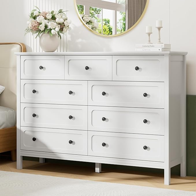 White Dresser for Bedoom, Modern Chest of Drawers, Wood 9 Drawer Dresser with Metal Handles, Modern Dressers & Chest of Drawers for Living Room, Hallway, Entryway