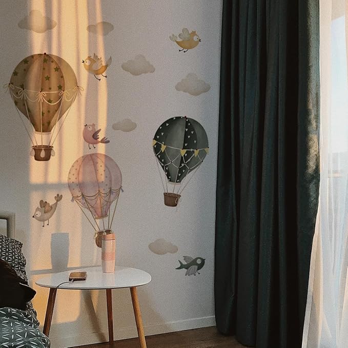 Boho Vintage Hot Air Balloon Bird White Cloud Wall Decal，Hot Air Balloons Wall Decals，Hot Air Balloons in The Sky Wall Stickers，Peel and Stick Removable for Kids Nursery Bedroom Living Room Decor