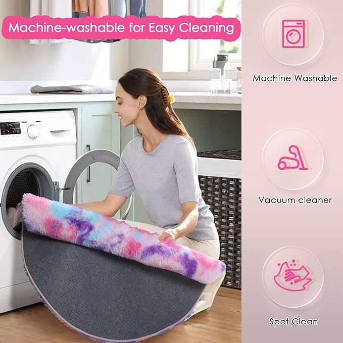 Amdrebio Hot Pink Rainbow Round Circle Area Rug 4Ft for Girls Bedroom, Fluffy Cute Fuzzy Colorful Pastel Kids Rugs for Nursery Playroom Classroom, Unicorn Shag Princess Carpet for Baby Toddler Teen