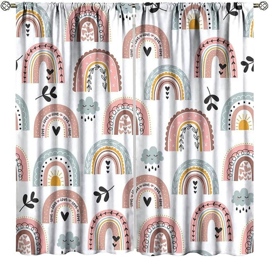 Kids Rainbow Curtains Boho Cartoon Colorful Stars Love Heart Lovely Abstract Art Pattern Print Window Drapes for Girl Bedroom Living Room Kitchen Decor,2 Panel Set,42Wx45H Inch Blackout