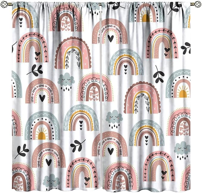 Kids Rainbow Curtains Boho Cartoon Colorful Stars Love Heart Lovely Abstract Art Pattern Print Window Drapes for Girl Bedroom Living Room Kitchen Decor,2 Panel Set,63Wx63H Inch Blackout