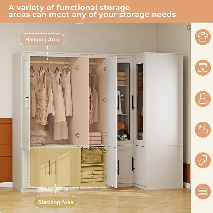 White 5 Door Armoire Wardrobe Closet with Mirror: White Combination Corner Wood Wardrobe Closet Wooden Bedroom Armoire with Hanging Rods for Bedroom/Living Room