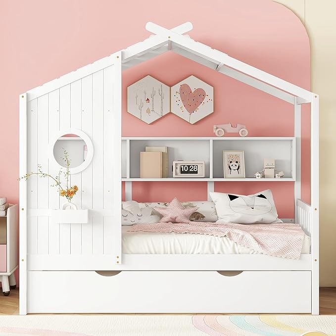 Twin Size Wooden House Bed with Trundle, Modern Design Kids Bed Frame with Storage Shelf for Kids Teens Adults, Wood Slat Support, No Box Spring Needed, Easy Assembly (White)