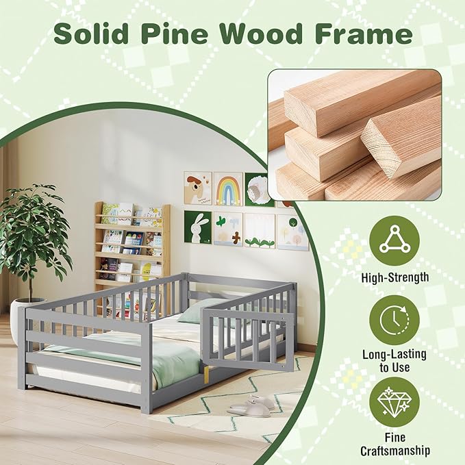 KOMFOTT Twin Size Wood Floor Bed with Door & 21.5” Fence, Montessori Bed Frame with Full Length Safety Guardrails, Door & Latch, Wooden Montessori Floor Bed for Kids, Girls, Boys