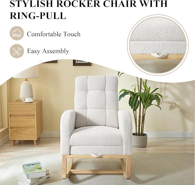 Nursery Rocking Chair, Polyester Upholstered Glider Chair with Footrest, Comfy Rocker Chair, Accent Chair with High Backrest, Glider Rocker, Armchair for Living Room (White Teddy)