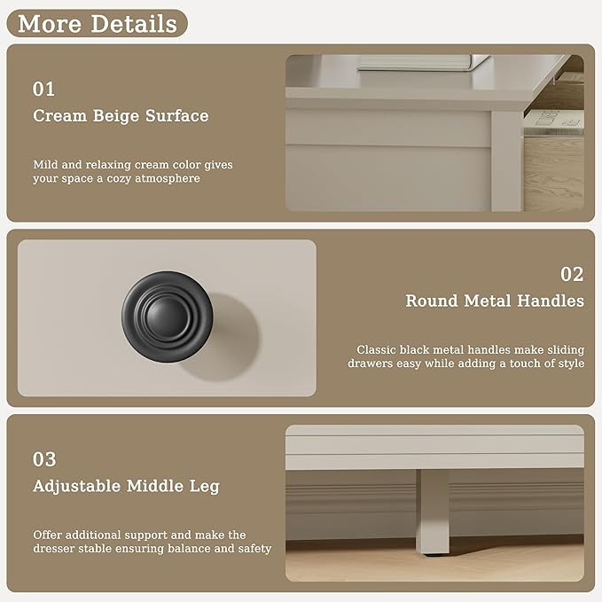 Dresser for Bedroom, 8 Drawer Dresser with Metal Handles, 55" Wide Modern Dressers & Chest of Drawers for Living Room, Hallway, Entryway, Beige