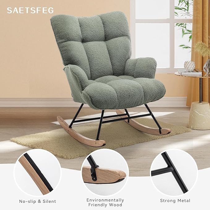 Rocking Chair Nursery Teddy Upholstered Glider Rocker Rocking Accent Chair Padded Seat with High Backrest Armchair Comfy Side Chair for Living Room Bedroom Offices (Green Teddy)