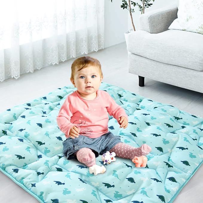 SPRINGSPIRIT Baby Play Mat, 36'' x 36'', Thicker, Soft, Non-Slip, Dinosaur Pattern, Microfiber & Foam, Plush, Aqua