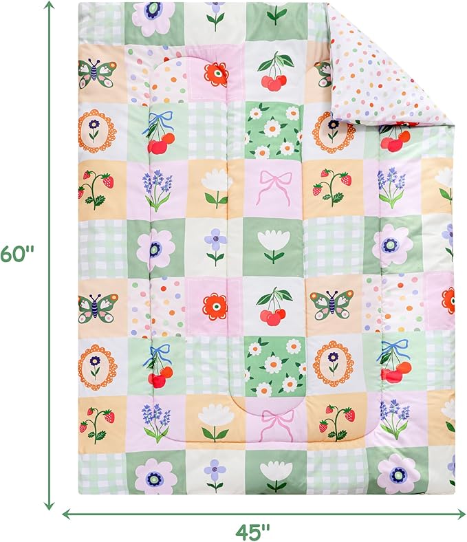 Mooreeke 4 Pieces Toddler Bedding Set - Green Floral Butterfly Toddler Comforter Sets for Girls, Includes Comforter, Flat Sheet, Fitted Sheet and Pillowcase, Bed in A Bag for Baby Bedroom