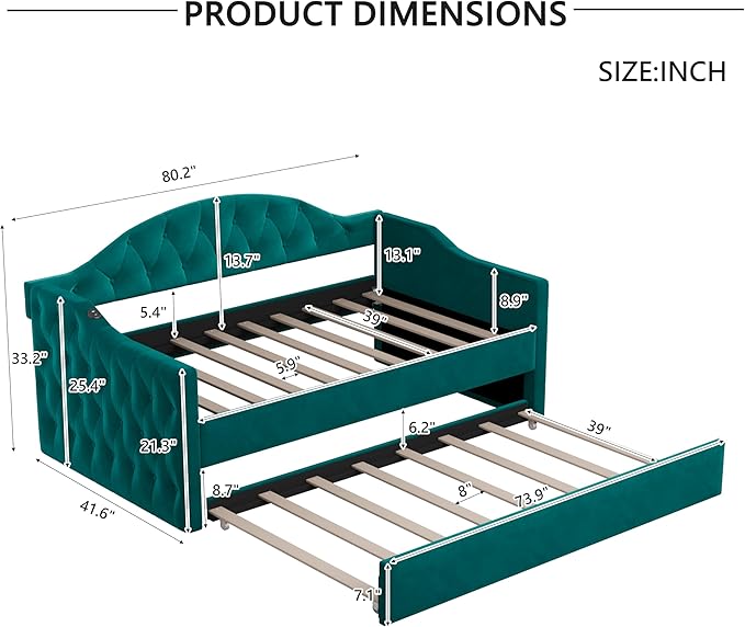 Bellemave Twin Size daybed Frame with Trundle for Adults, Kids, Girls, Teens, Tufted daybeds with Trundle for Living Room, Velvet, (Mattress not Included), Green