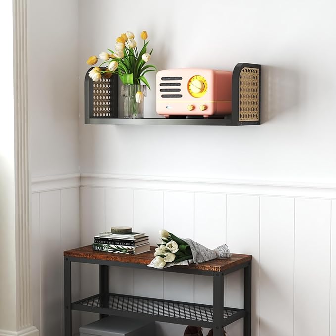 17 Inch Black Rattan Wall Shelf, Wooden Hanging Bookshelf Storage, Cute Nursery Shelves Wall Mounted, Boho Decorative Floating Shelves for Kids Room, Living Room, Play Room, Bedroom