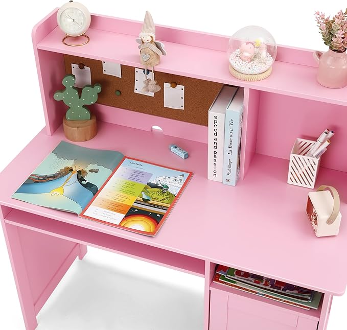 Kid's Study Desk and Chair Set for Boys & Girls – Wooden Ergonomic Design, Includes Built-In Chair Storage Bins & Bookshelf Organizer & Cork Bulletion Board, for Children Studying, Writing, Drawing