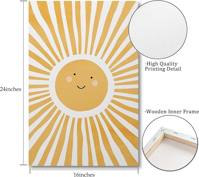 XWELLDAN Cute Cartoon Smiling Sun Cheerful Nursery Wall Art Canvas Prints,Watercolor Boho Neutral Sun Sunshine Wall Art Decor for Kids Baby Bedroom Nursery Playroom, 16 x 24 Inch, Framed