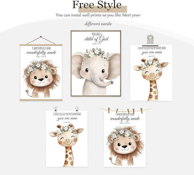 3 Pcs Nursery Bible Verse Animal Wall Art Cute Funny Safari Animals Christian Painting Picture Wall Decor Giraffe Elephant Lion Poster Print Artwork for Boys and Girls Home Decoration Unframed