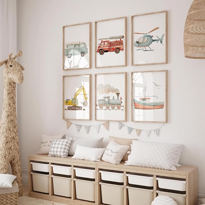 Car Wall Art Boys Room Canvas Wall Decor Nursery Prints Transportation Vehicle Wall Art Kids Toddler Posters Construction Truck Pictures Boy Nursery Artwork for Bedroom Playroom 8x10x6 Inch Unframed