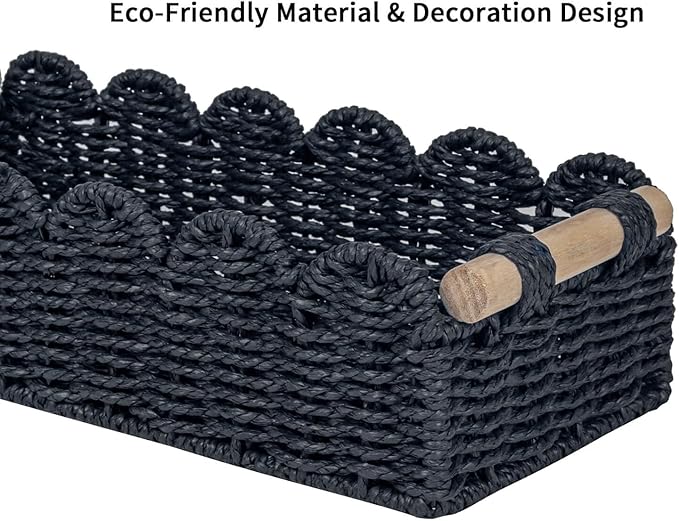 CubesLand Scalloped Edge Decor Baskets for Home, Living Room, Toilet Paper Storage Basket for Over Toilet Shelf, End Table,Shelves and More, Small Paper Rope Baskets Both Storage&Decor, Set 2 Black