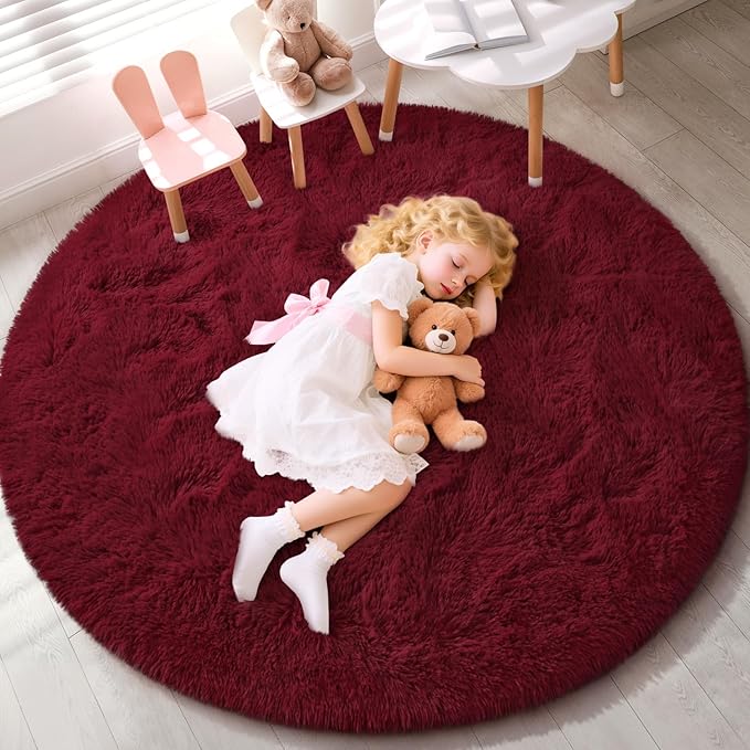 EVOIONOS Burgundy Round Rug for Bedroom, 4x4 Ft Fluffy Soft Circle Area Rugs for Living Room, Plush Shaggy Circular Carpet for Indoor Floor Bedside Kids Nursery, Machine-Washable Home Decor Aesthetic
