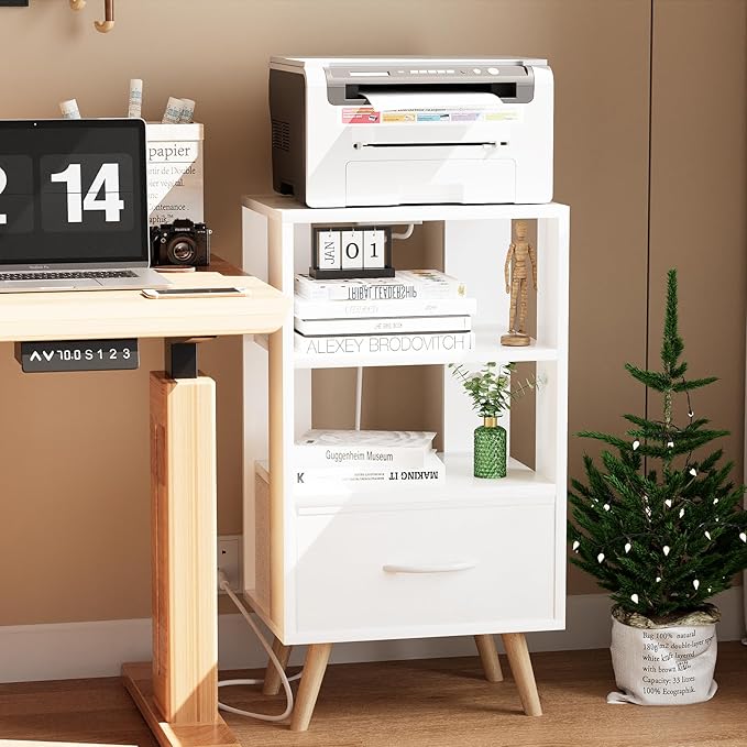 Night Stand with Charging Station, White Kids Nightstand with Drawer, 3-Tier Nursery Bedside Table with USB Ports and Outlets, End Table for Small Space, Living Room, Bedroom