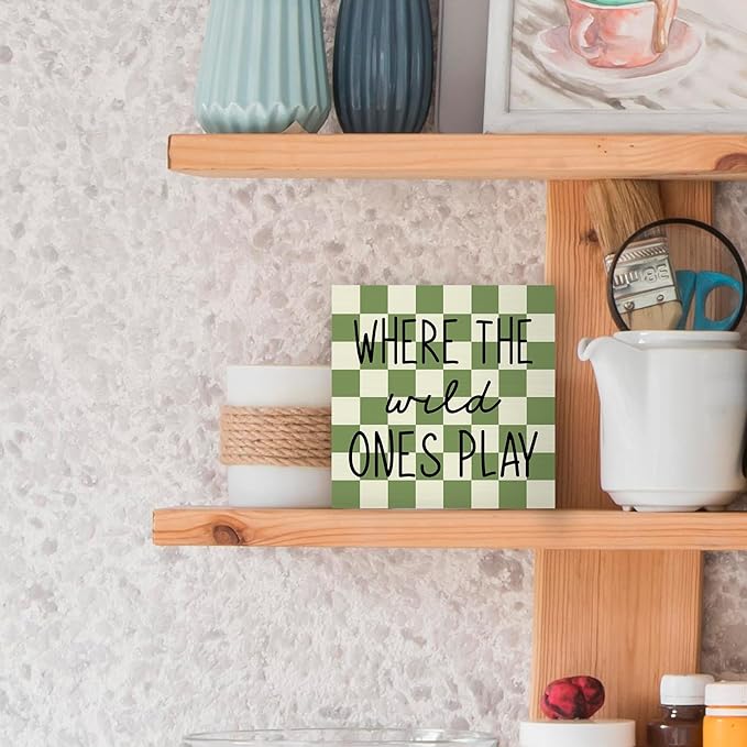 Where The Wild Ones Play Wood Box Sign Desk Decor 5X5, Nursery Kids Room Wooden Block Sign Decorations for Playroom Toddler Boys Girls Room Wall Tabletop Shelf Decor