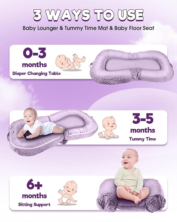 Baby Lounger Pillow : 2-in-1 Infant Lounger for Newborn 0-48 Months, Portable Tummy Time Mat for Home and Travel, Breathable & Soft Baby Seat for Baby, Babies Essentials Gifts