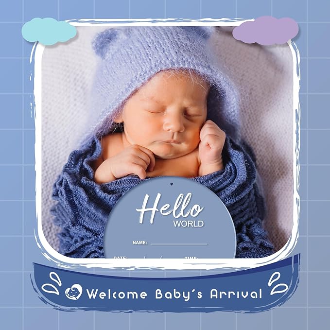 Baby Announcement Sign, 6.7 Inch Hello World Newborn Sign, Thickness Upgrade Birth Announcement Sign for Hospital, Nursery Baby Shower (Blue)