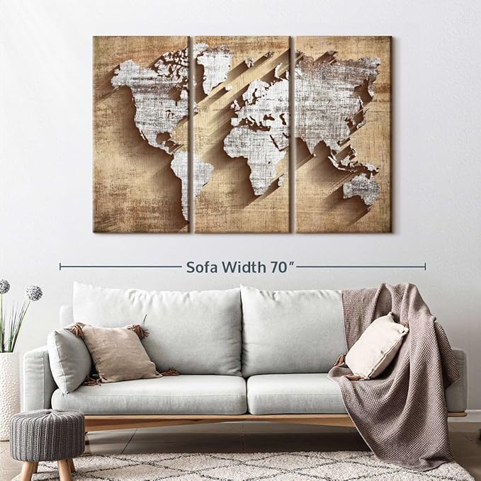 ElephantStock Dimensional World Map II Multi Piece Canvas - 3 Piece Canvas World Map Wall Decor - Wall Decor - Ready-to-Hang Print - Vintage Wall Art - 57" X 36"