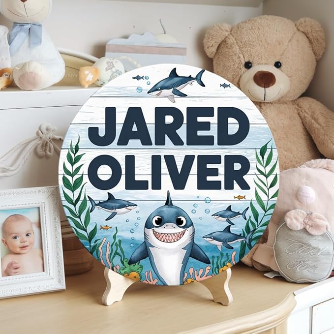 Personalized Name Signs for Kids Room, Shark Sign for Baby Door Decor, Newborn Gifts for Boy, Boys Nursery Wall Bedroom Decorations, Mother's Day Gifts for New Mom Dad Gift