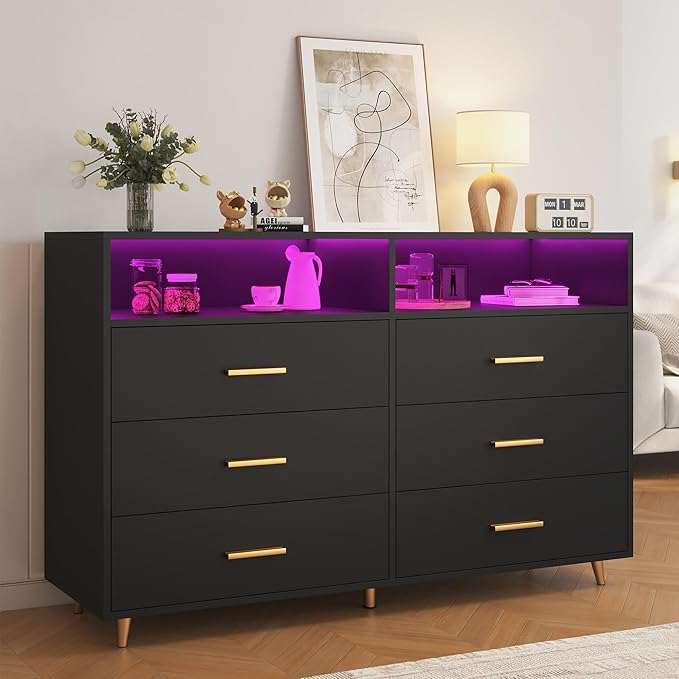 Black Dresser with LED Lights, Wood Dresser for Bedroom with 6 Wide Large Drawers,2 Open Shelves Top, Elegant Chest of Drawers for Living Room Hallway Entryway, 47.2" W