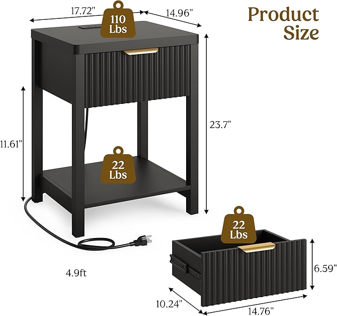 Lulive Night Stand Set 2, Fluted Nightstand with Charging Station, Wood Modern Bedside End Table with Storage Drawer for Bedroom, Save Space (Set of 2, Black)