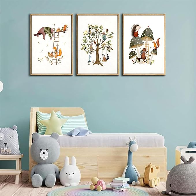 3Pcs Woodland Safari Animals Nursery Canvas Wall Art Baby Jungle Small Animal Wall Decor Pictures Tree Bear Rabbit Fox Hedgehog Kids Posters Prints for Classroom Children Bedroom Decoration Unframed