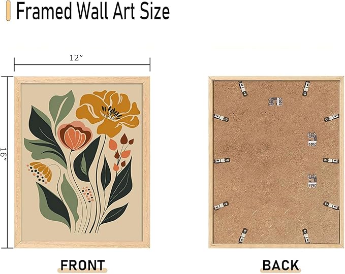 CHMMART Boho Floral Framed Wall Art Flower Canvas Art Prints Set of 3 Mid Century Modern Pictures Wall Decor Botanical Painting Artwork for Living Room Bedroom Office 12x16in