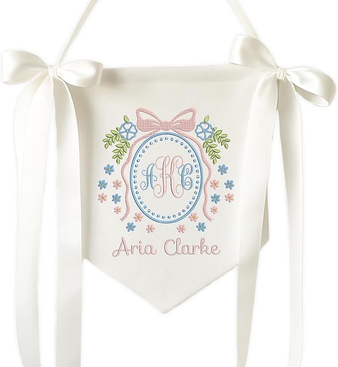 Embroidered Baby Name Sign with Bows Personalized Baby Announcement Sign Newborn Baby Banner Baby Hospital Name Sign Canvas Hanging Pennant Flag Custom Infant Baby Name Baby Shower Banner (13)