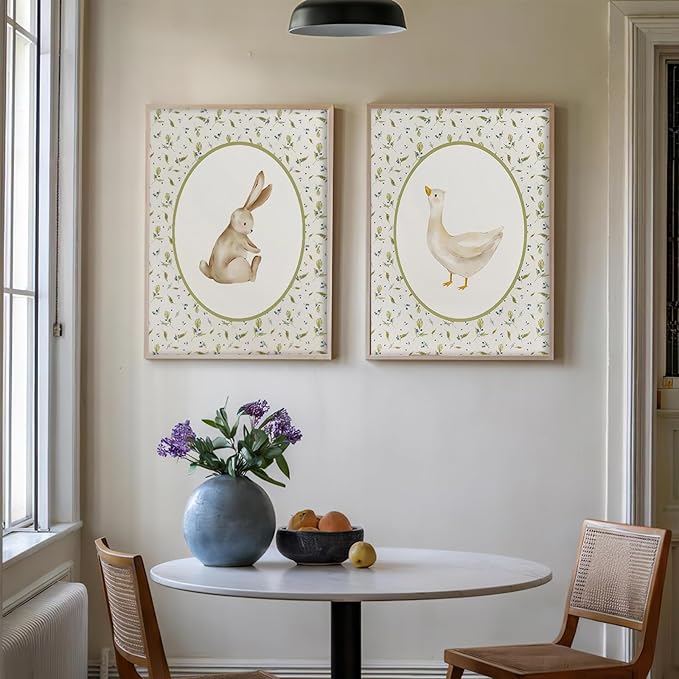 Vintage Nursery Wall Art Kid's Room Wall Decor Animal Picture Farmhouse Poster Baby Room Poster Cute Goose and Bunny Picture Set Of 2 Rabbit Duck Prints 12x16 Inch UnFramed for BedRoom Children's Room