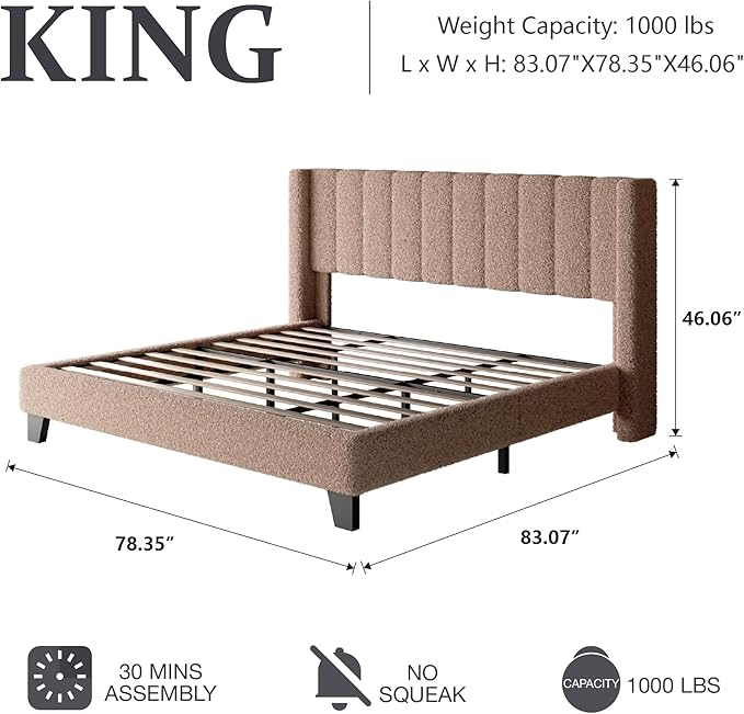 Queen Bed Frame with Headboard Upholstered Platform Bed Frame with Teddy Velvet Headboard, Wooden Slats Support/Wing Edge Design/No Box Spring Needed/Easy Assembly, Brown Queen