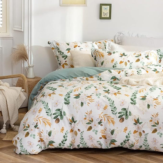 MILDLY Pattern Duvet Cover Set - 100% Washed Cotton Garden Floral Botanical Flower Leaves Bedding Set 3 Pieces Queen Size Linen Feel Breathable Comforter Cover with Zipper Ties