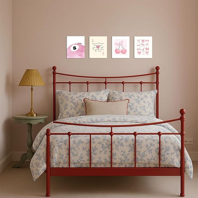Coquette Y2K Lucky Wall Art Set of 4, Pink Preppy Aesthetic Canvas Prints, Cherry Bows 8 Ball Ace Card Wall Decor for Girls Bedroom, Dorm, Vanity, or Home Decor 8x10in Framed