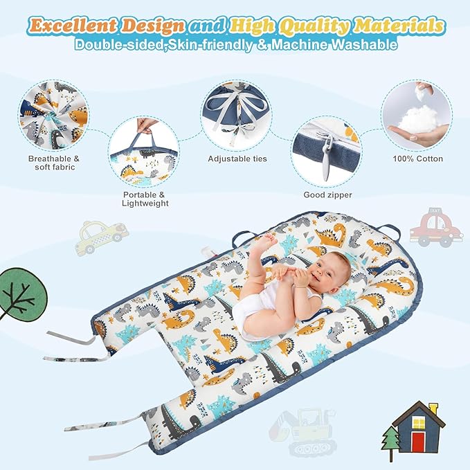 Baby Lounger for Newborn - Portable Infant Seat with Breathable Cover, Adjustable Cotton Lounger for Floor Play & Travel | Newborn Essentials Gift 0-24M