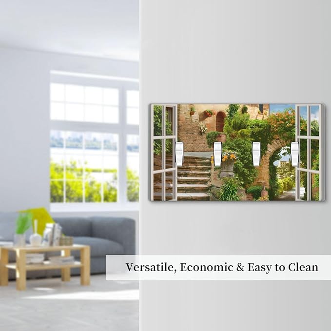 Mediterranean Greece Scene Flowers Quad Toggle Wall Plate Covers Decorative 4-Gang Wall Plates Italian Town from Another Window Electrical Switchplate for Bathroom Bedroom Kitchen Decor 4.5 X 8 In