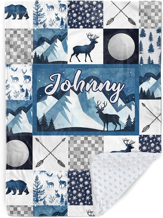 Personalized Baby Blankets for Girls Boys, Custom Blue Deer Baby Blanket with Name for Kids, Flannel Bed Throw Blanket for Newborn, Customized Gifts for Baby Shower Nursery Blanket(60" x80)